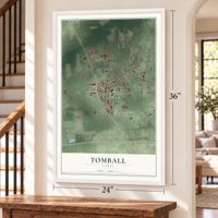 Tomball, Texas map, 24 x 36 inch print in a white frame by a staircase