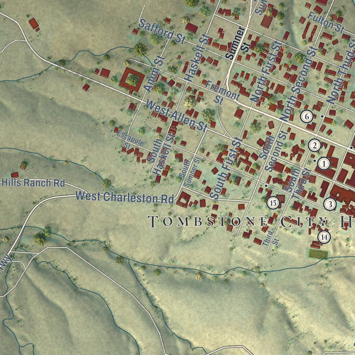 Second close-up of the map of Tombstone, Arizona print showing more streets and buildings