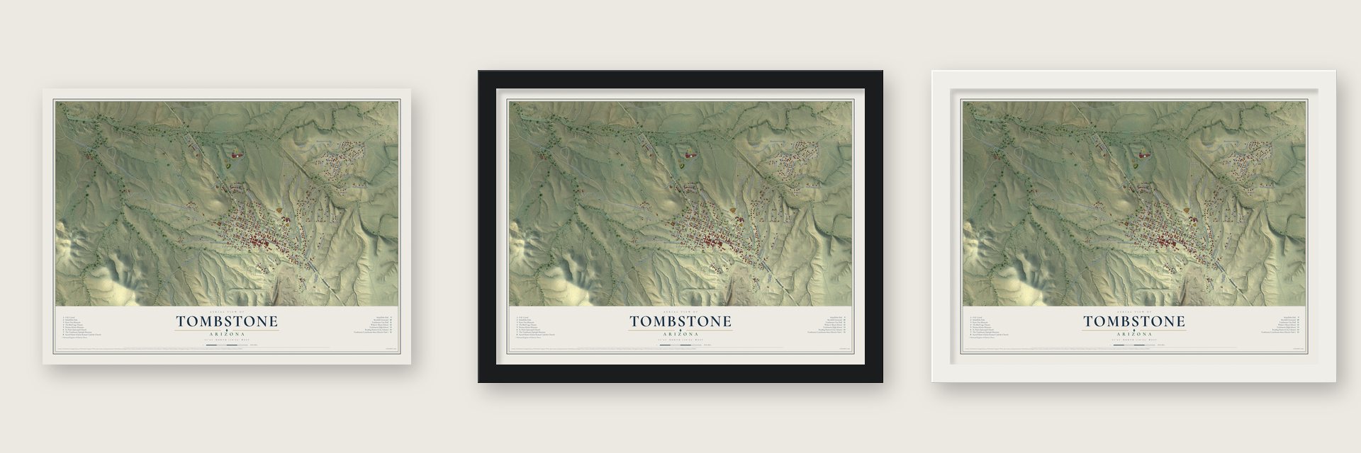 Tombstone, Arizona map unframed, in a black wood frame and in a white wood frame