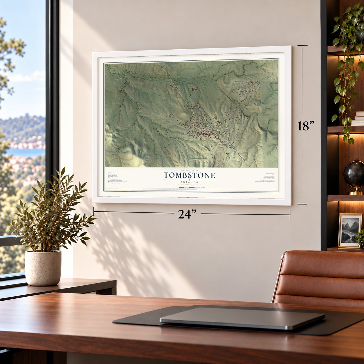 Tombstone, Arizona map, 18 x 24 inch print in a white frame in a home office