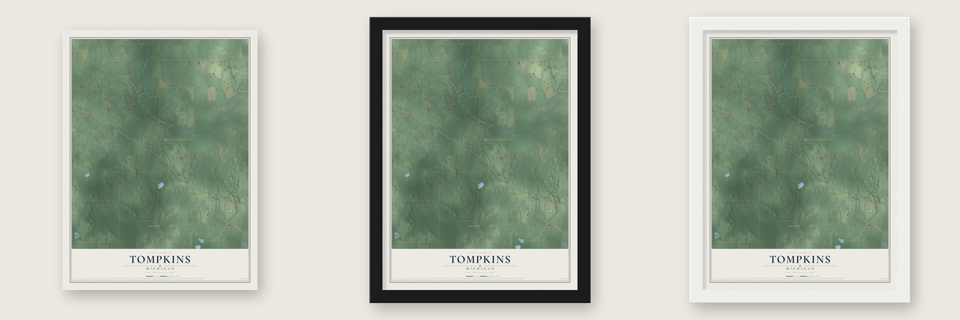 Tompkins, Michigan map unframed, in a black wood frame and in a white wood frame