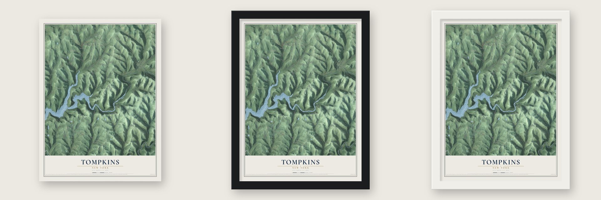 Tompkins, New York map unframed, in a black wood frame and in a white wood frame