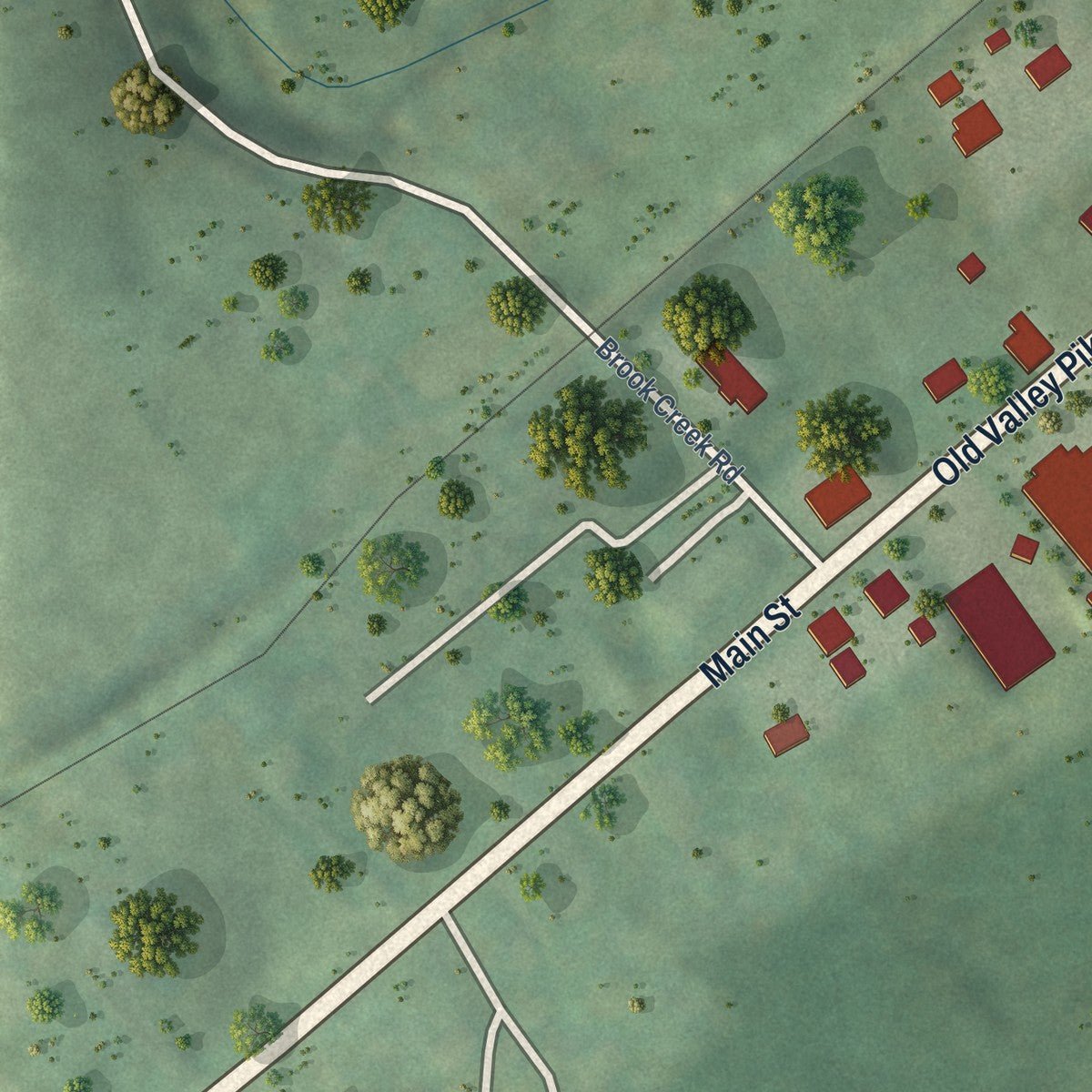 Second close-up of the map of Toms Brook, Virginia print showing more streets and buildings