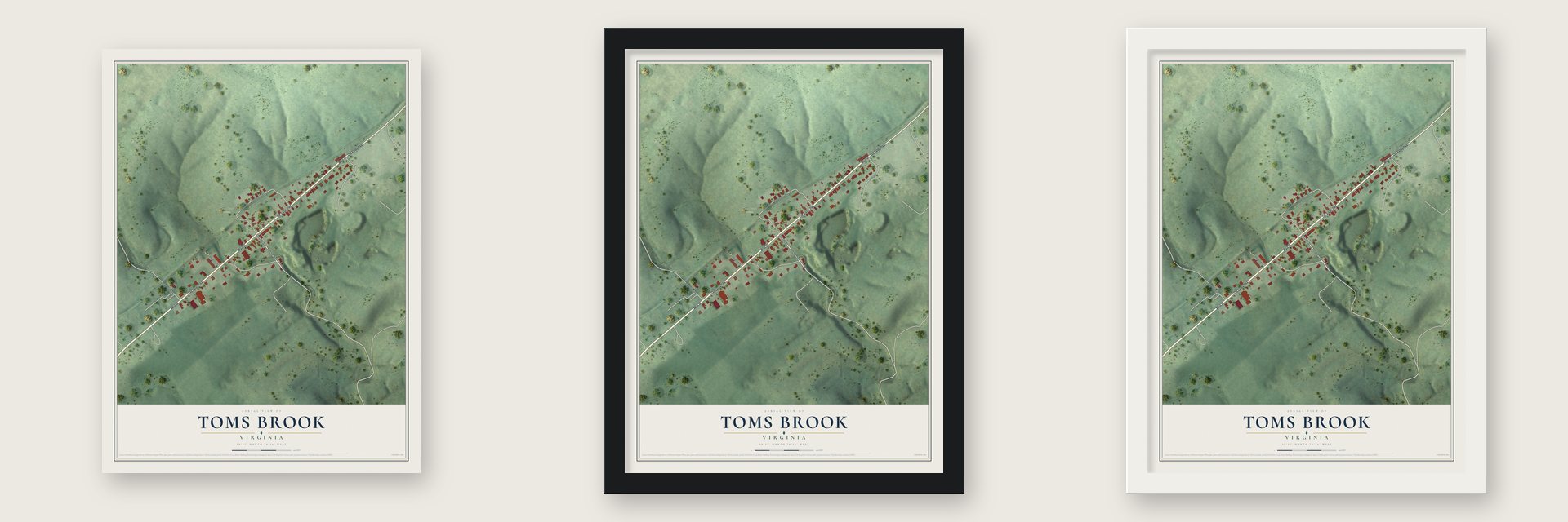 Toms Brook, Virginia map unframed, in a black wood frame and in a white wood frame