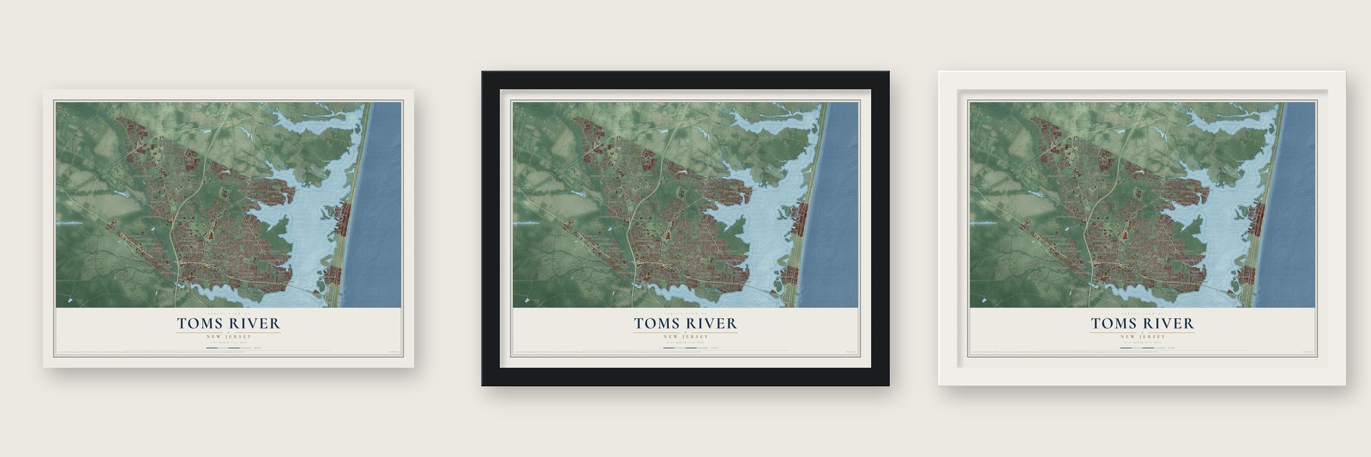 Toms River, New Jersey map unframed, in a black wood frame and in a white wood frame