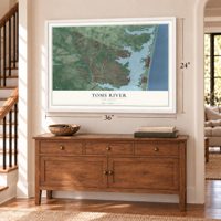 Toms River, New Jersey map, 24 x 36 inch print in a white frame above a dresser by a staircase