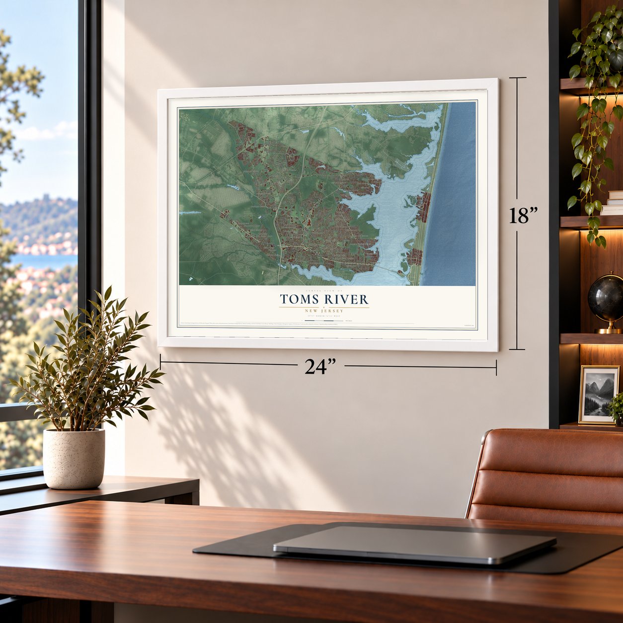 Toms River, New Jersey map, 18 x 24 inch print in a white frame in a home office