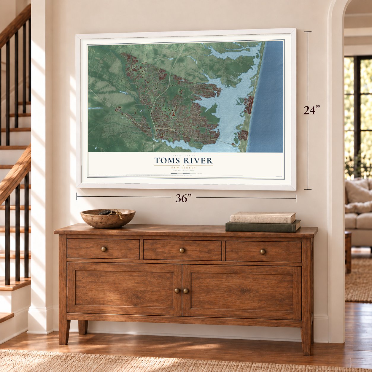 Toms River, New Jersey map, 24 x 36 inch print in a white frame above a dresser by a staircase