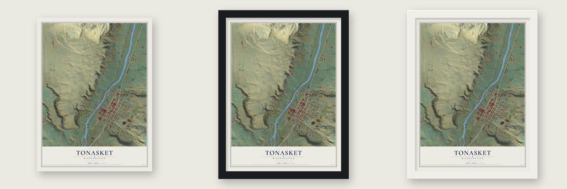 Tonasket, Washington map unframed, in a black wood frame and in a white wood frame