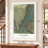 Tonasket, Washington map, 24 x 36 inch print in a white frame by a staircase