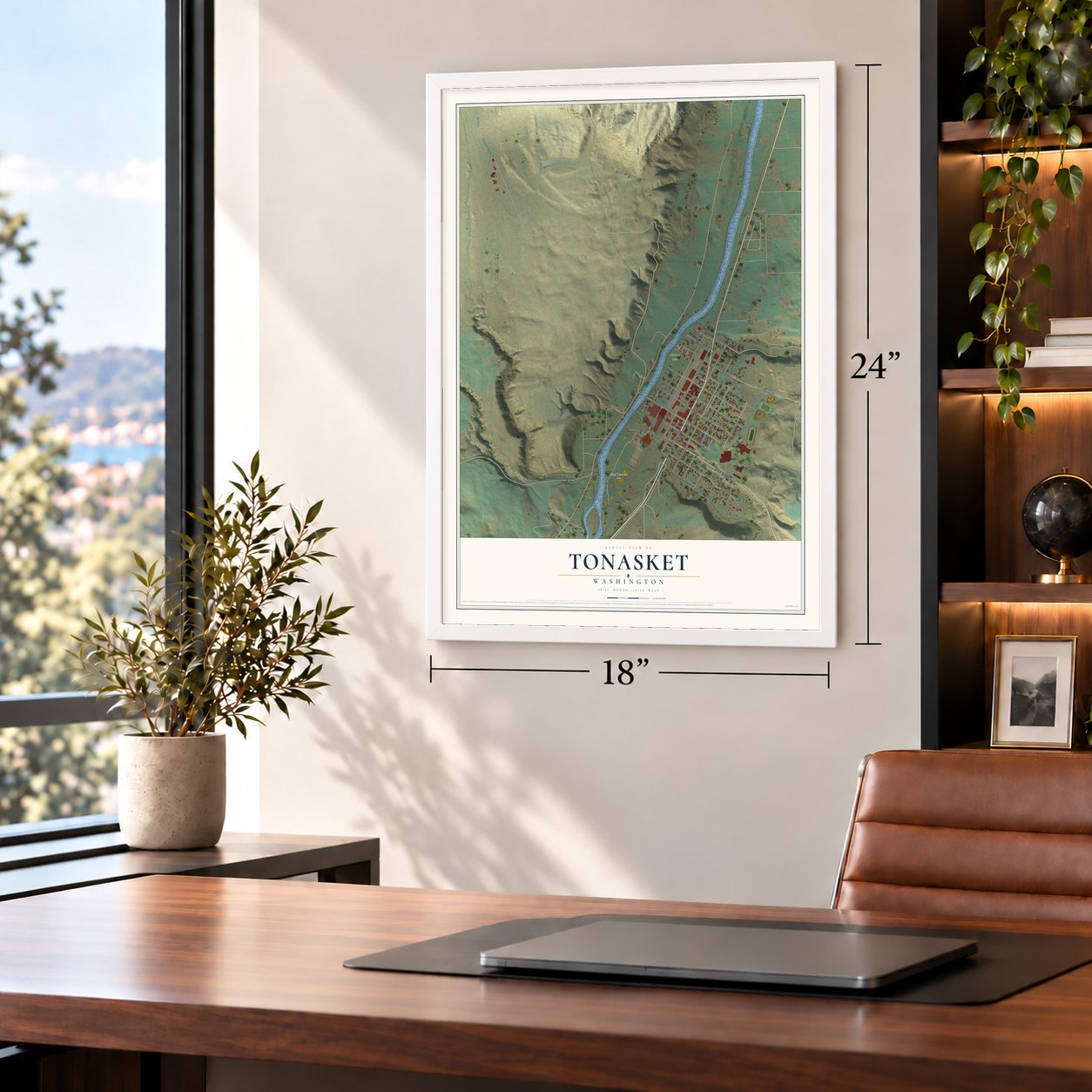 Tonasket, Washington map, 18 x 24 inch print in a white frame in a home office