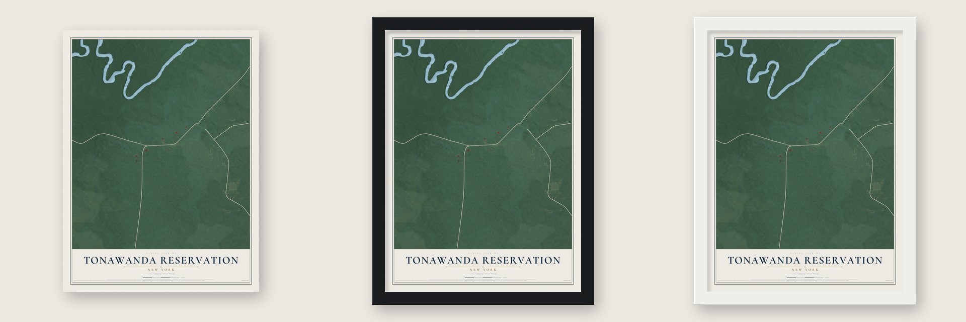 Tonawanda Reservation, New York map unframed, in a black wood frame and in a white wood frame