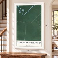 Tonawanda Reservation, New York map, 24 x 36 inch print in a white frame by a staircase