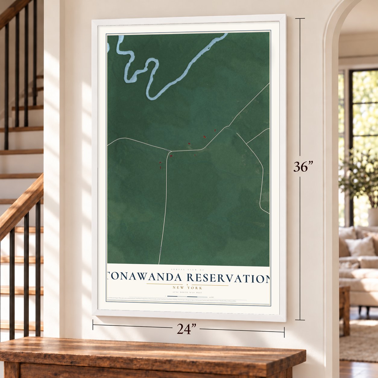 Tonawanda Reservation, New York map, 24 x 36 inch print in a white frame by a staircase