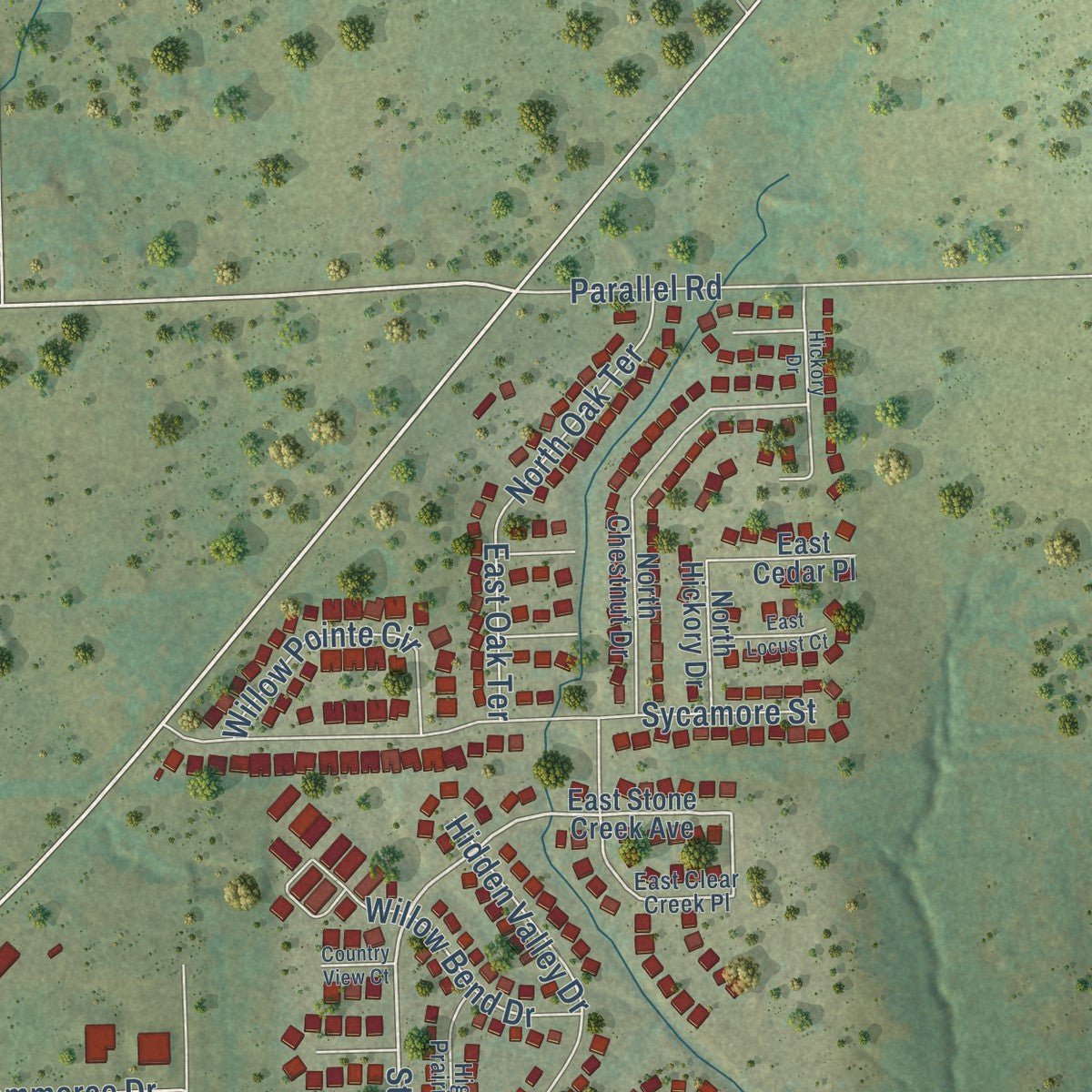Second close-up of the map of Tonganoxie, Kansas print showing more streets and buildings