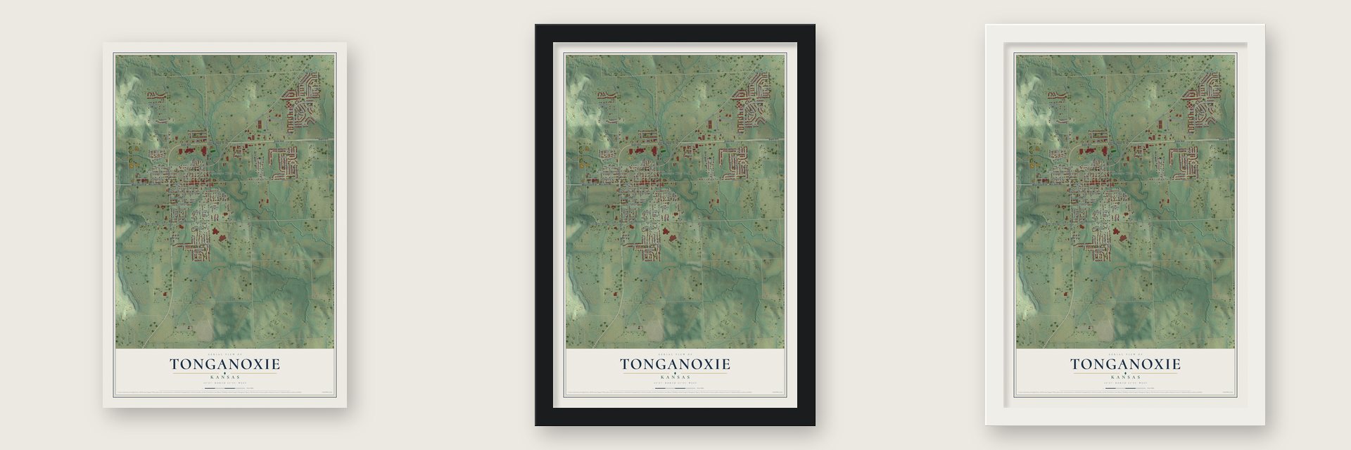 Tonganoxie, Kansas map unframed, in a black wood frame and in a white wood frame