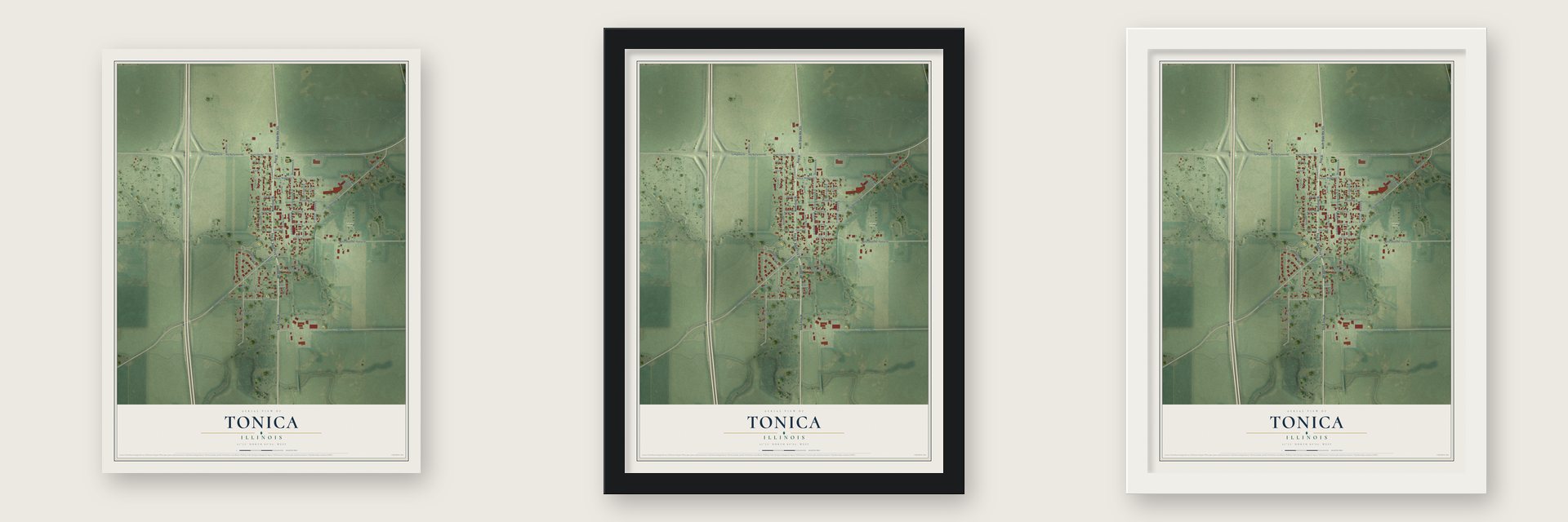 Tonica, Illinois map unframed, in a black wood frame and in a white wood frame