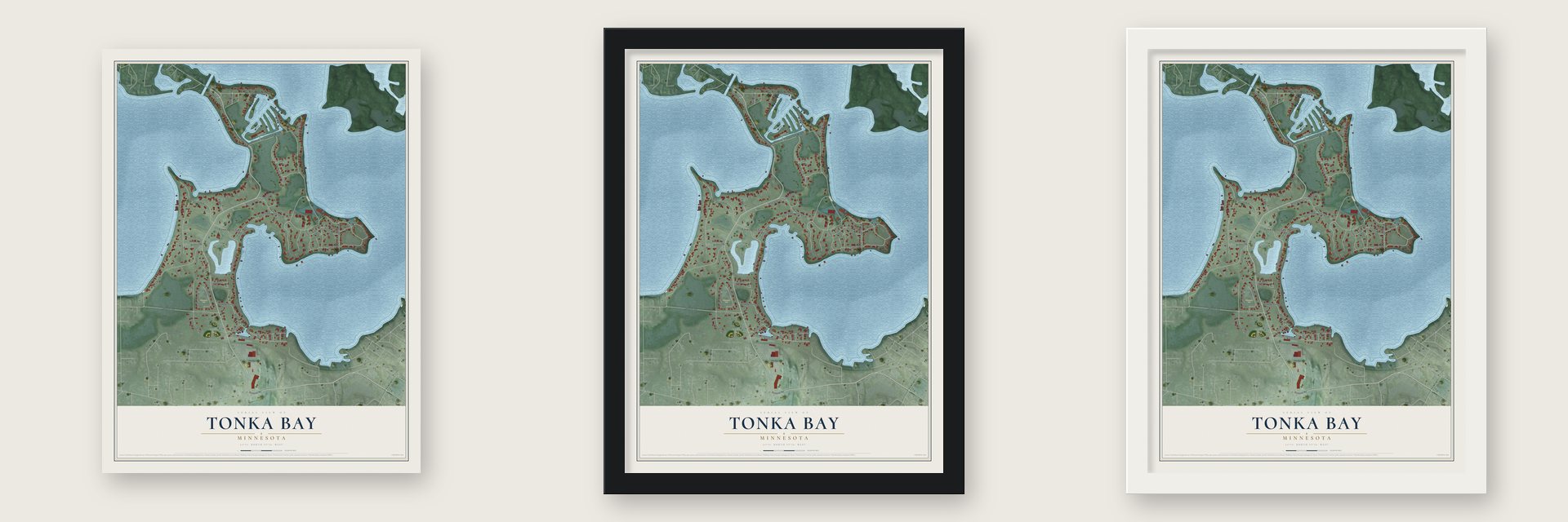 Tonka Bay, Minnesota map unframed, in a black wood frame and in a white wood frame