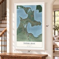 Tonka Bay, Minnesota map, 24 x 36 inch print in a white frame by a staircase
