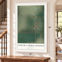 Tonkawa Tribal Housing, Oklahoma map, 24 x 36 inch print in a white frame by a staircase