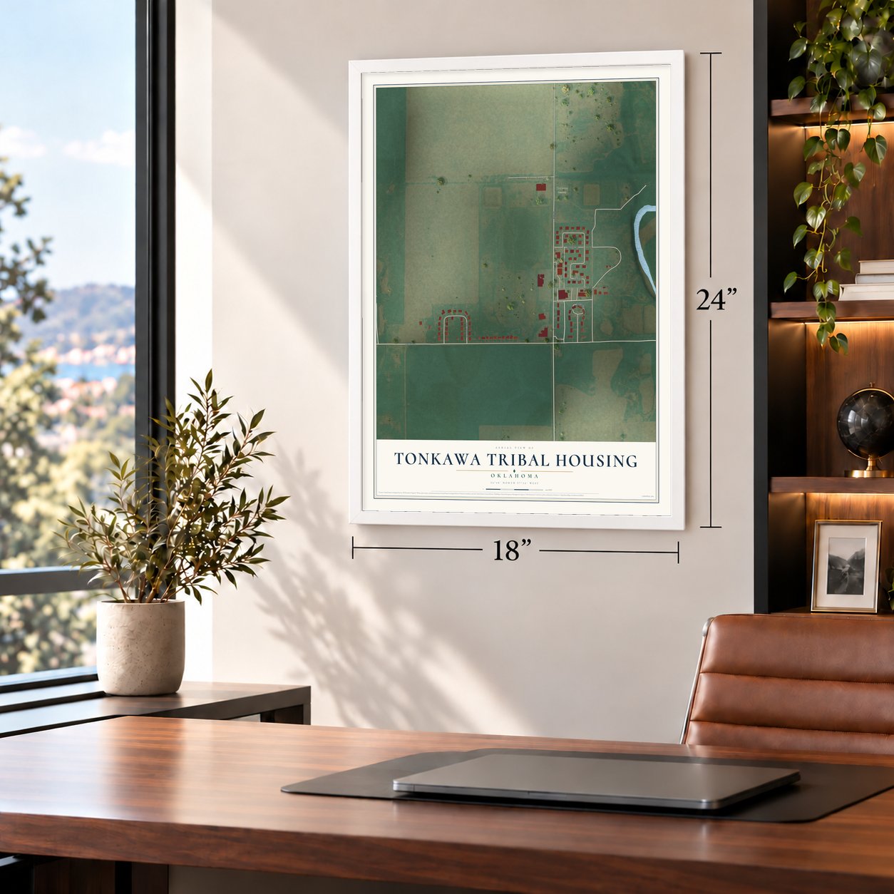 Tonkawa Tribal Housing, Oklahoma map, 18 x 24 inch print in a white frame in a home office