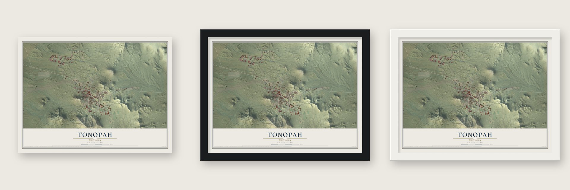 Tonopah, Nevada map unframed, in a black wood frame and in a white wood frame