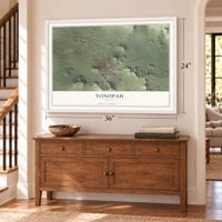 Tonopah, Nevada map, 24 x 36 inch print in a white frame above a dresser by a staircase