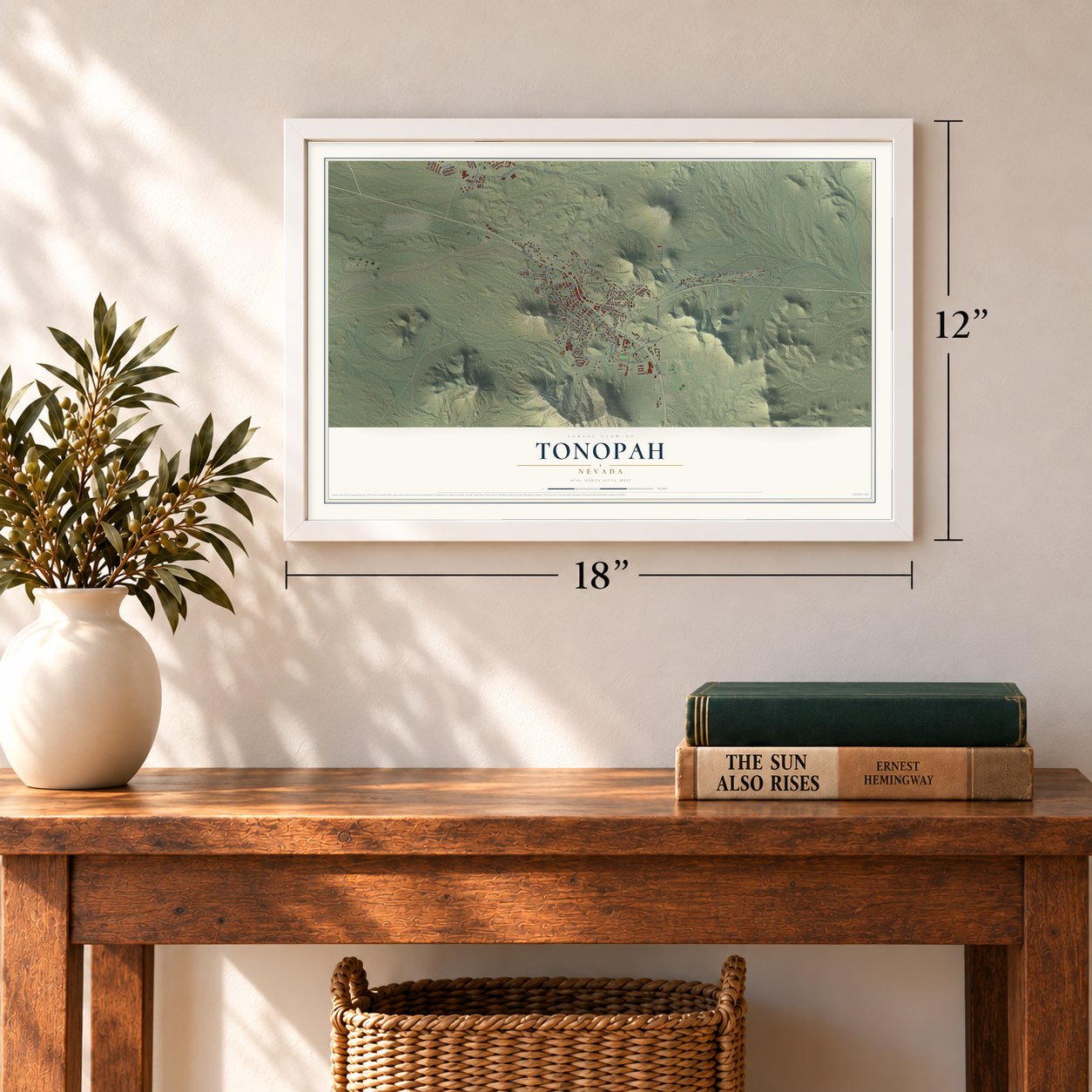 Tonopah, Nevada map, 12 x 18 inch print in a white frame in an entryway