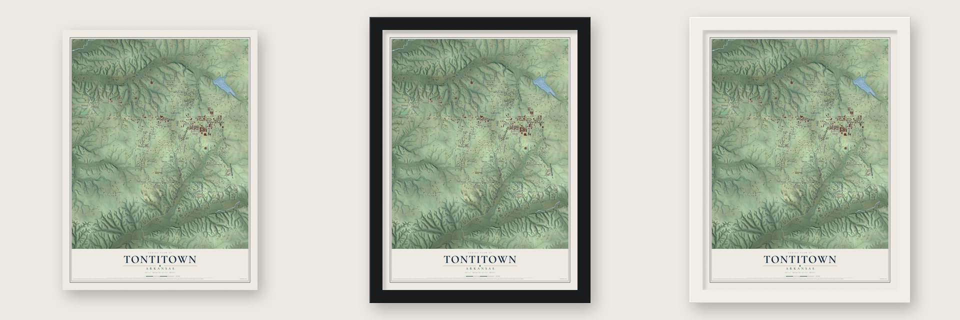Tontitown, Arkansas map unframed, in a black wood frame and in a white wood frame