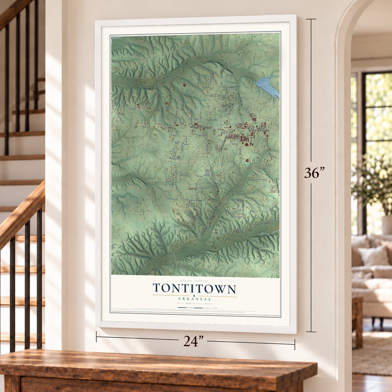 Tontitown, Arkansas map, 24 x 36 inch print in a white frame by a staircase