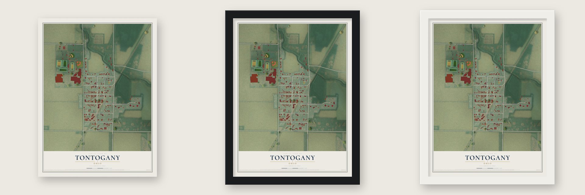 Tontogany, Ohio map unframed, in a black wood frame and in a white wood frame