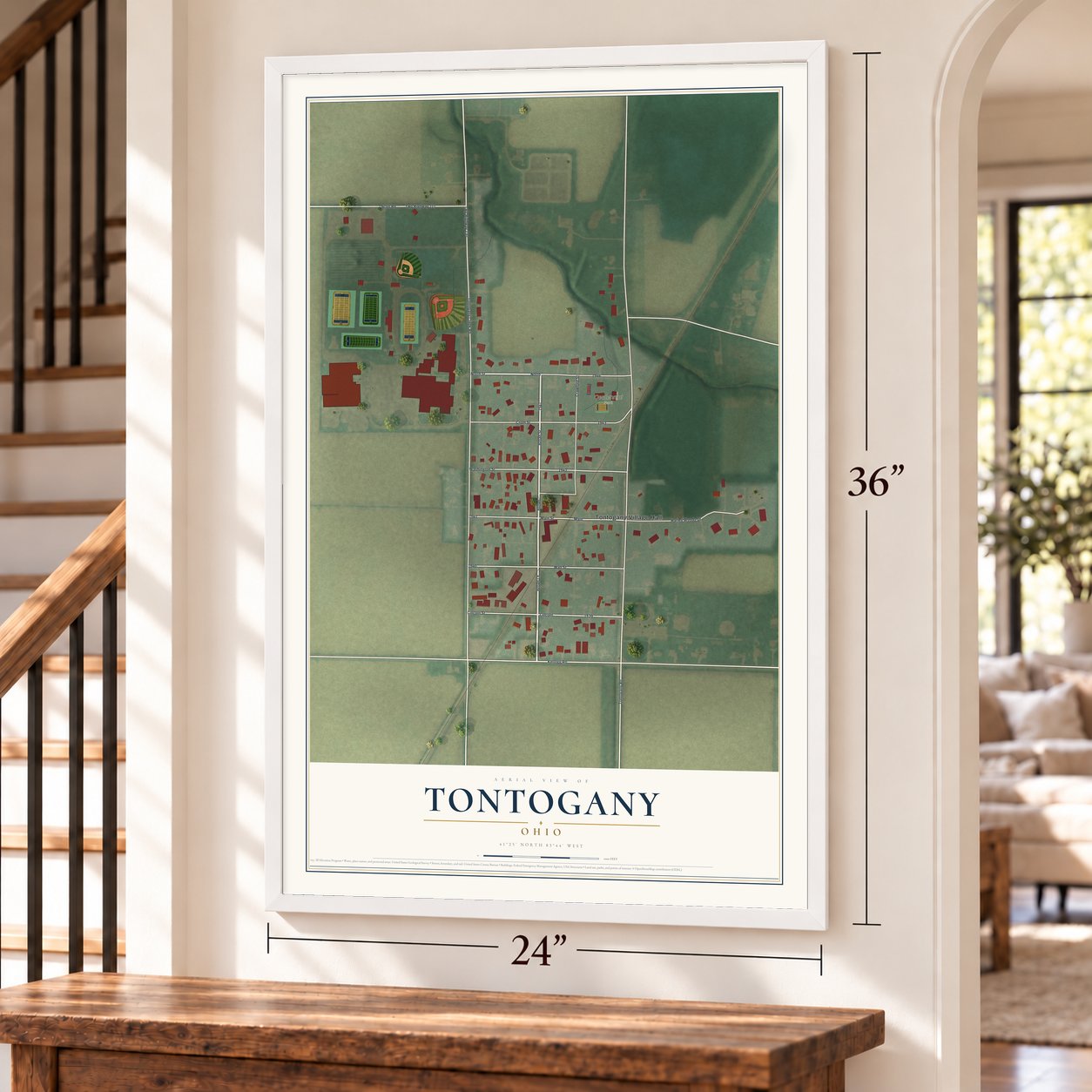 Tontogany, Ohio map, 24 x 36 inch print in a white frame by a staircase