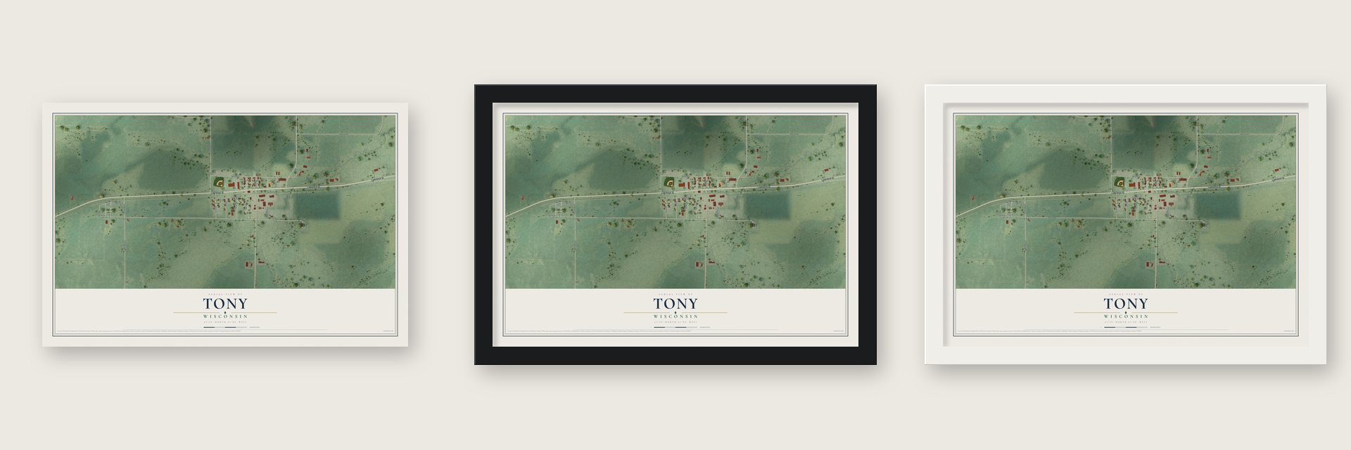 Tony, Wisconsin map unframed, in a black wood frame and in a white wood frame
