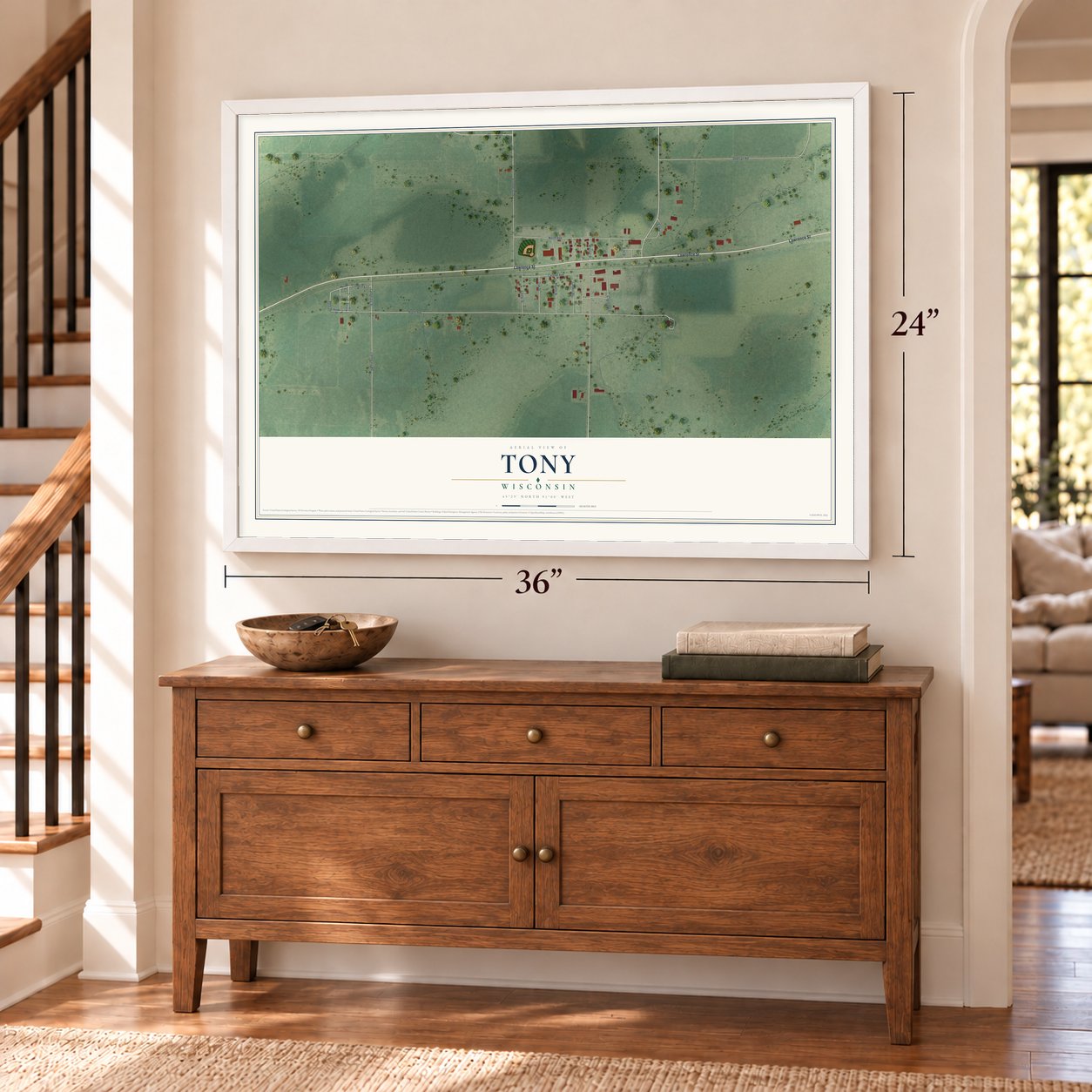 Tony, Wisconsin map, 24 x 36 inch print in a white frame above a dresser by a staircase