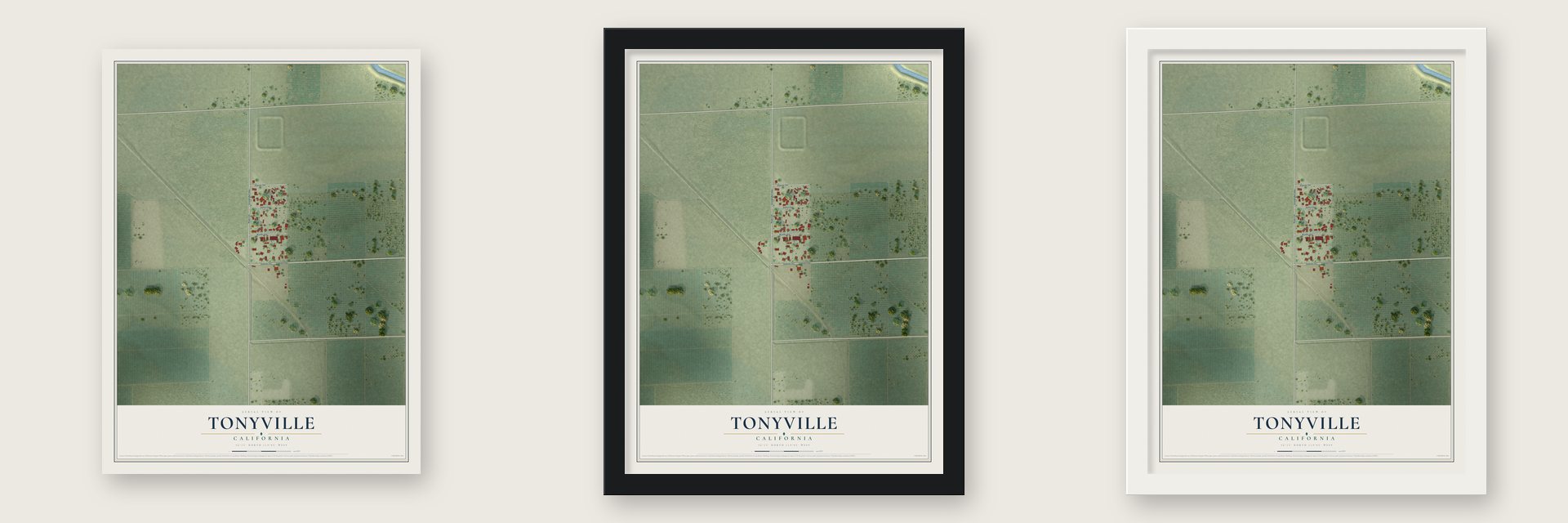 Tonyville, California map unframed, in a black wood frame and in a white wood frame