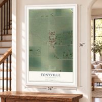 Tonyville, California map, 24 x 36 inch print in a white frame by a staircase
