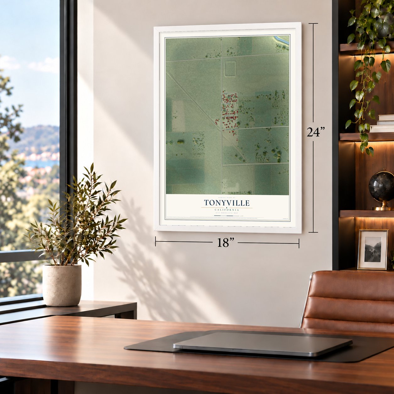 Tonyville, California map, 18 x 24 inch print in a white frame in a home office