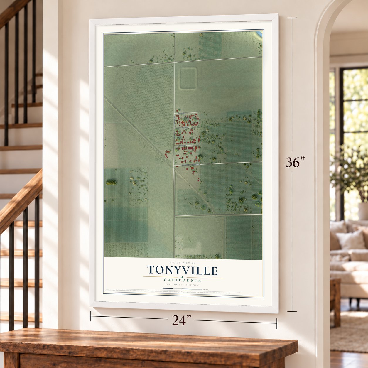 Tonyville, California map, 24 x 36 inch print in a white frame by a staircase