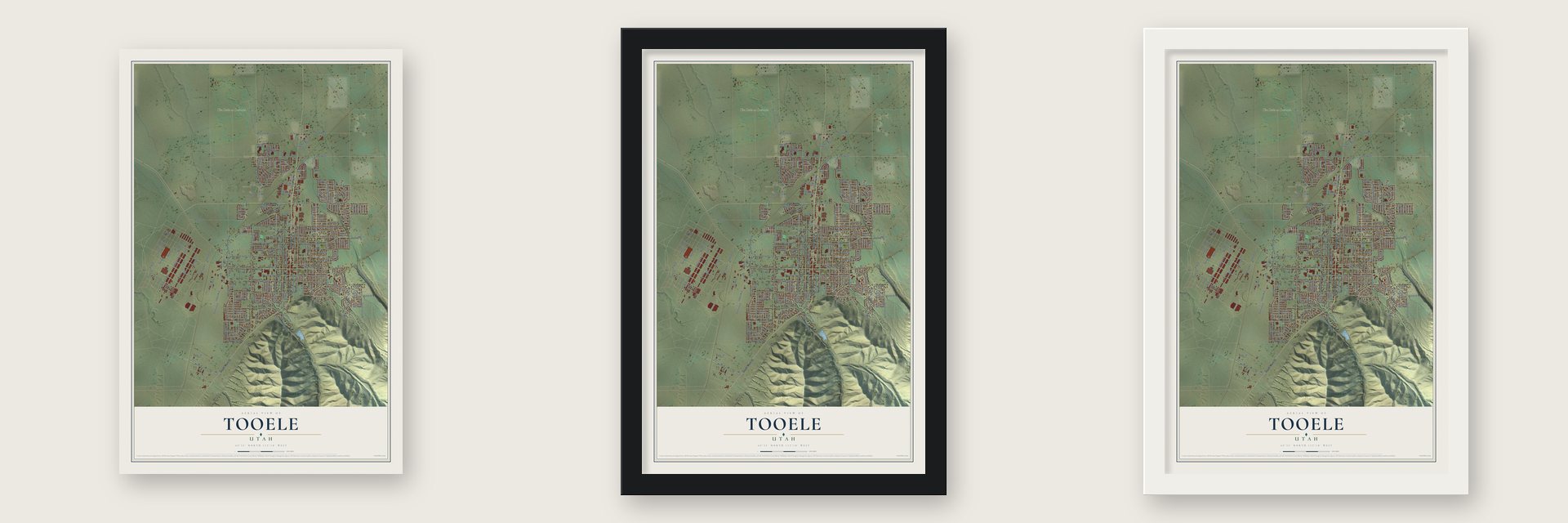 Tooele, Utah map unframed, in a black wood frame and in a white wood frame