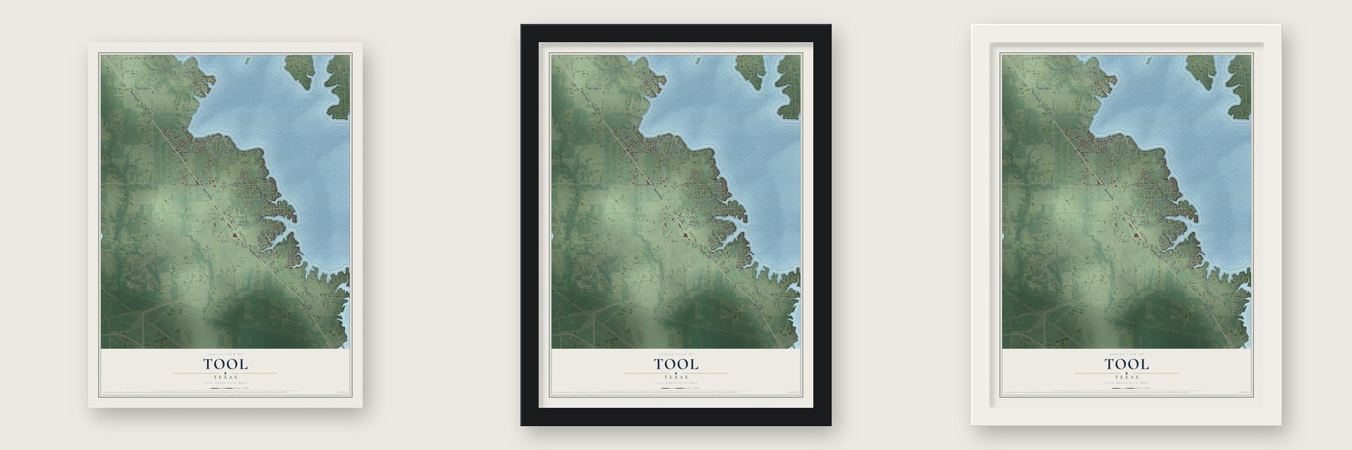 Tool, Texas map unframed, in a black wood frame and in a white wood frame