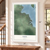 Tool, Texas map, 24 x 36 inch print in a white frame by a staircase