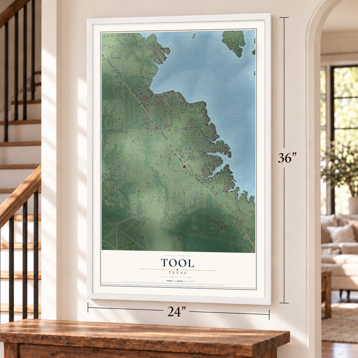 Tool, Texas map, 24 x 36 inch print in a white frame by a staircase
