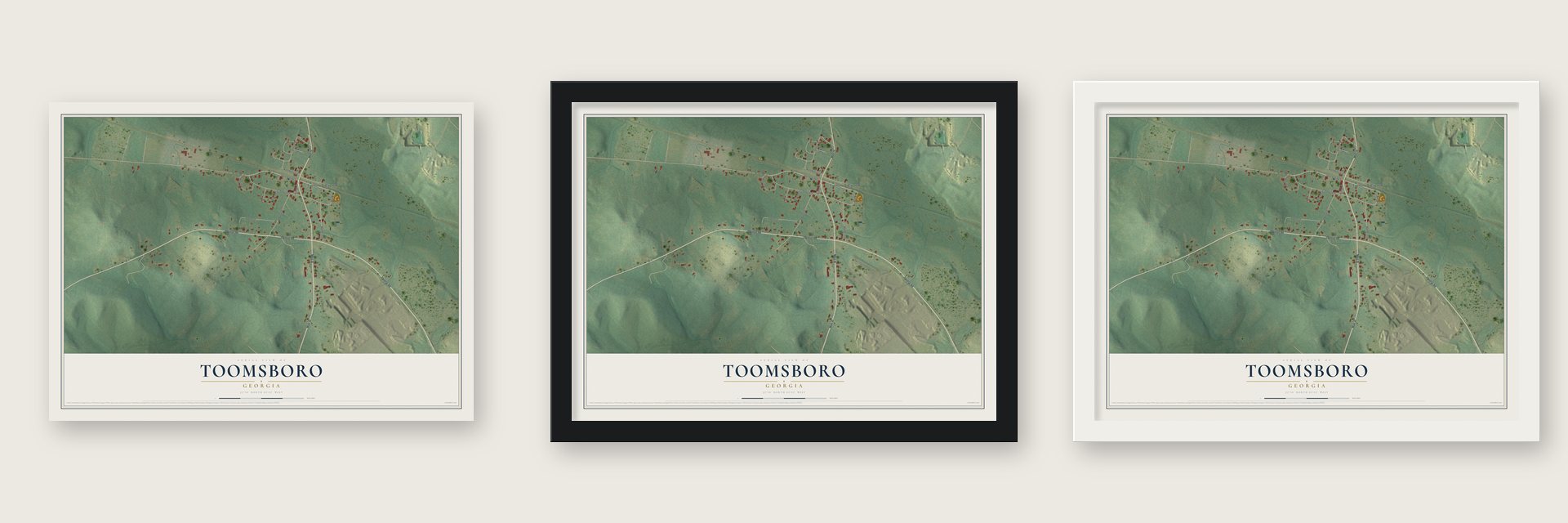 Toomsboro, Georgia map unframed, in a black wood frame and in a white wood frame