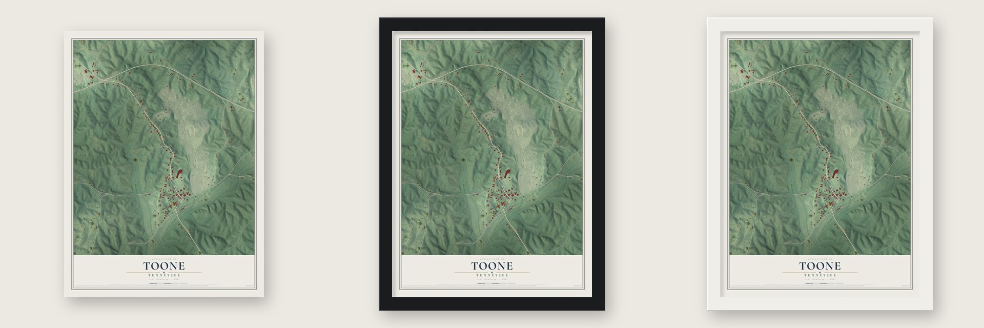 Toone, Tennessee map unframed, in a black wood frame and in a white wood frame
