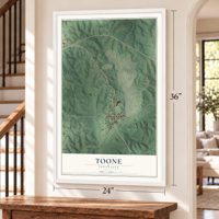 Toone, Tennessee map, 24 x 36 inch print in a white frame by a staircase