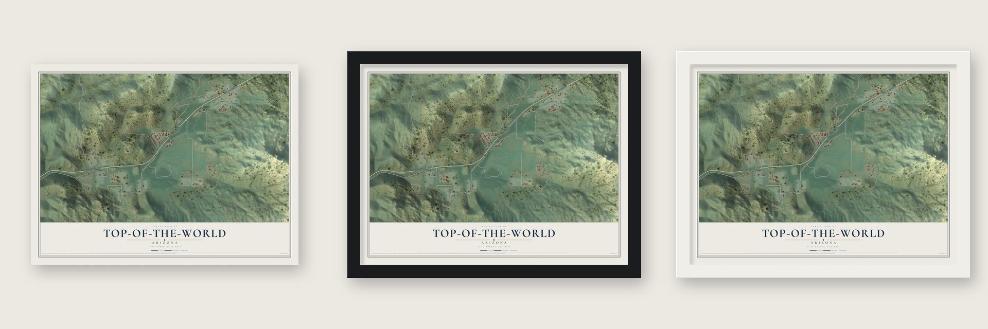 Top-of-the-World, Arizona map unframed, in a black wood frame and in a white wood frame