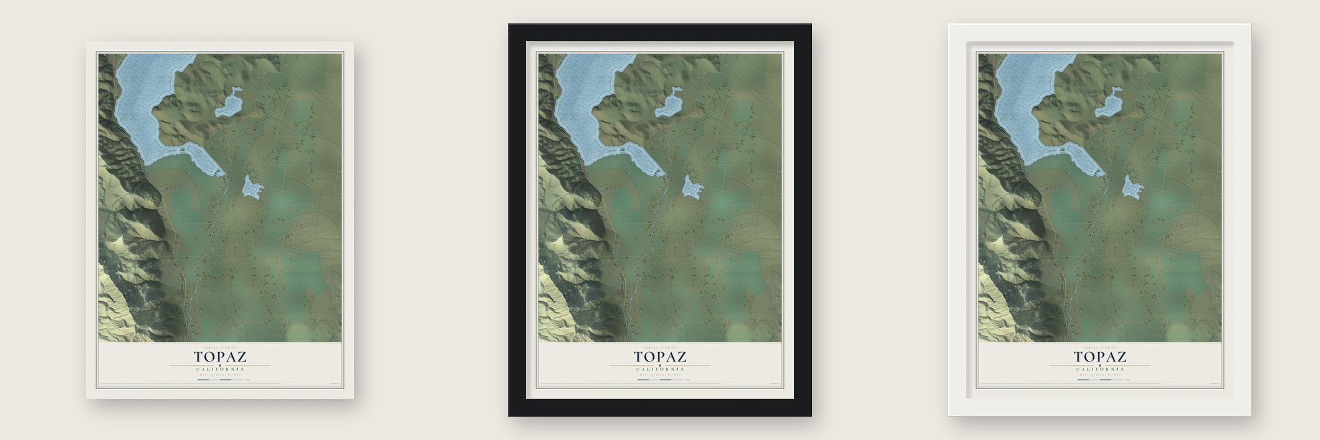 Topaz, California map unframed, in a black wood frame and in a white wood frame
