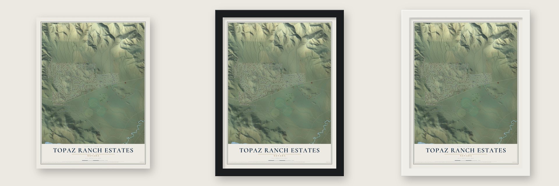 Topaz Ranch Estates, Nevada map unframed, in a black wood frame and in a white wood frame