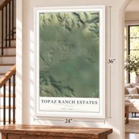 Topaz Ranch Estates, Nevada map, 24 x 36 inch print in a white frame by a staircase