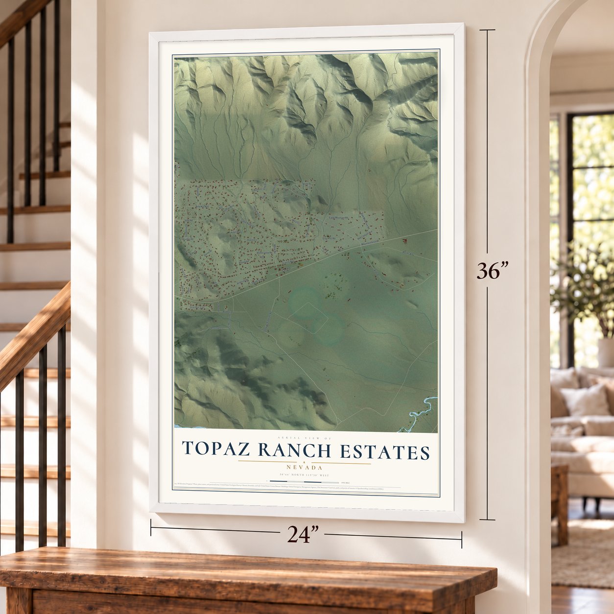 Topaz Ranch Estates, Nevada map, 24 x 36 inch print in a white frame by a staircase